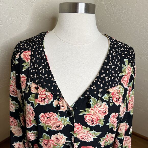 VTG Carol Little Button Down Top Womens 12 Black Pink Floral Beaded Notch Collar - Picture 7 of 10